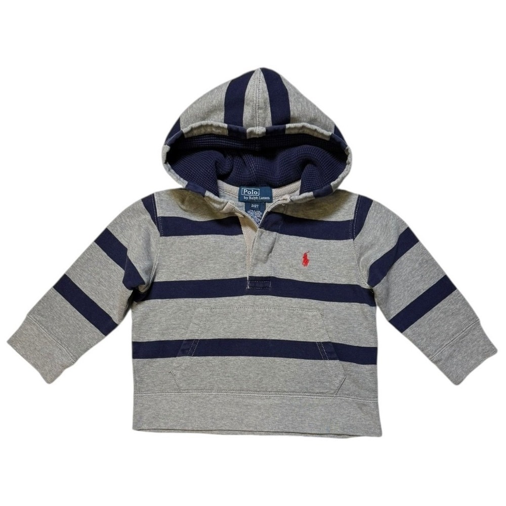 Polo Ralph Lauren Boys Toddler‎ Size 2T Pullover Gray Navy Stripe Pony Hoodie